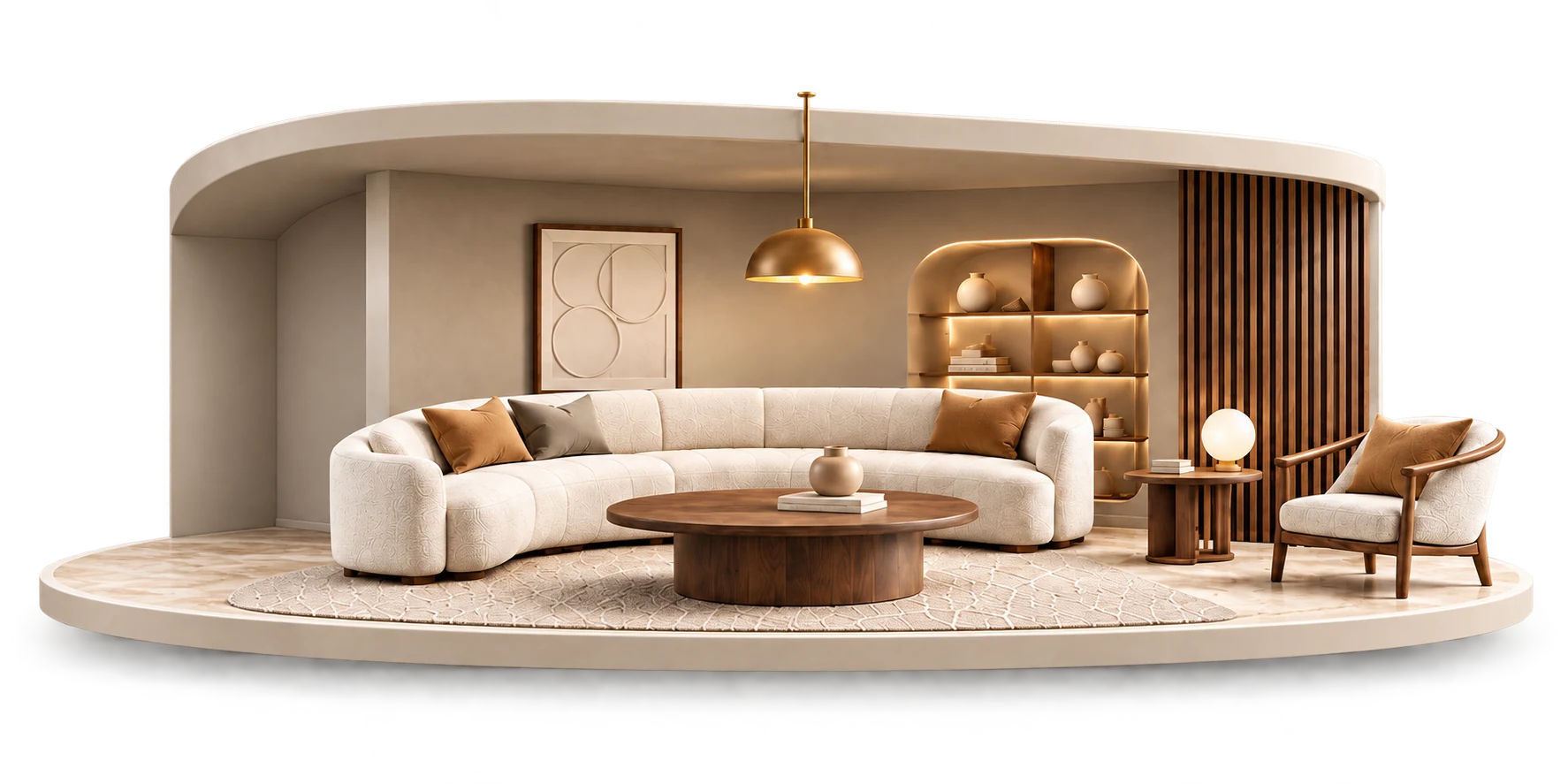 Living furniture in a softly rounded ivory room, crafted in cream upholstery and warm walnut
